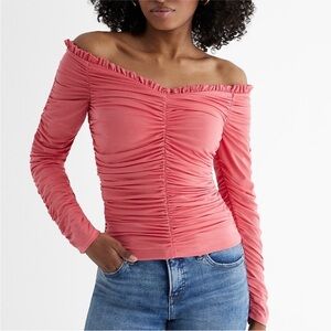 Express Coral Off-Shoulder Ruched Blouse